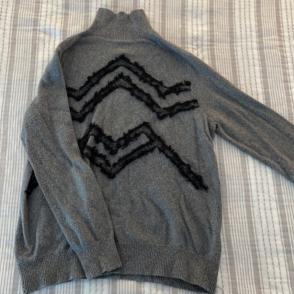 Grey Turtleneck Sweater With Black Fringe